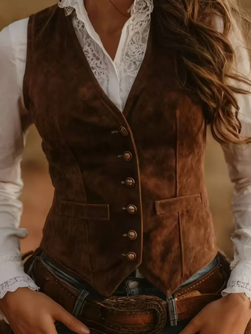 NWT Western Faux Suede Vest Brown Fitted Button Waistcoat Boho Cowgirl 14